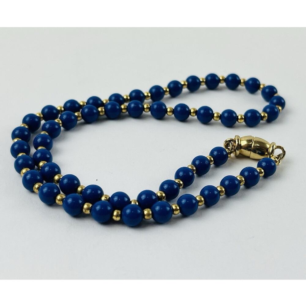 Vintage Signed MONET Necklace Navy Blue Gold Tone Beads Simple Classy Choker Rou